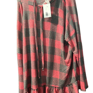 NWT Honeyme Black and Red Buffalo Plaid Top with Hood and Ruffle Bottom